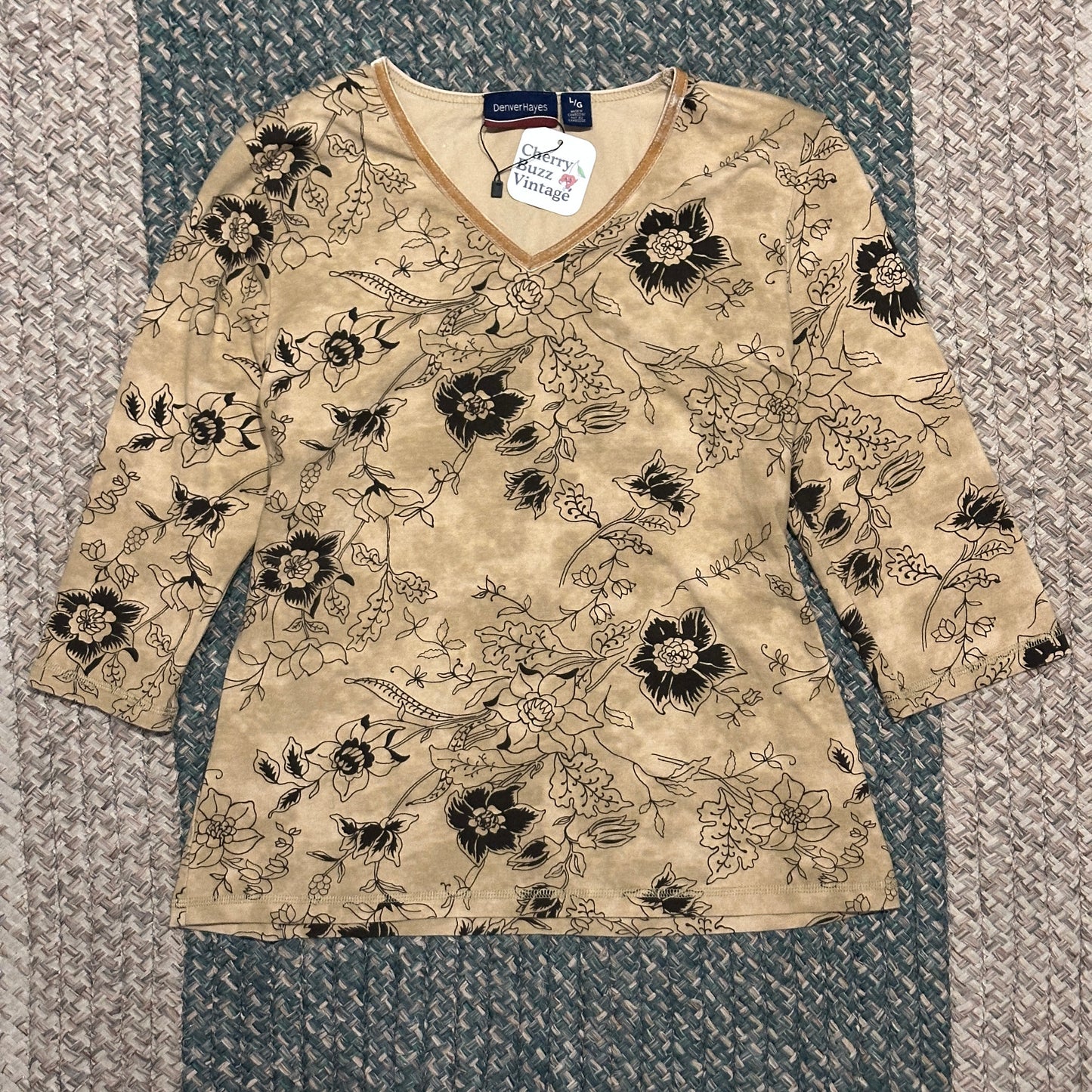 Beige Floral 3/4 Sleeve Top, L