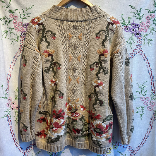 Knit Cream Floral Sweater, M