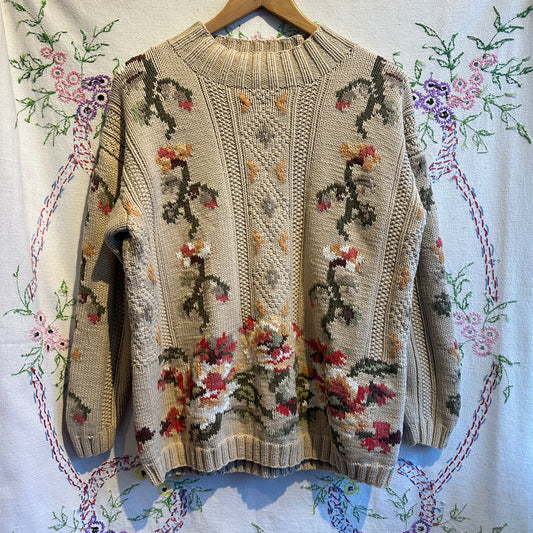 Knit Cream Floral Sweater, M