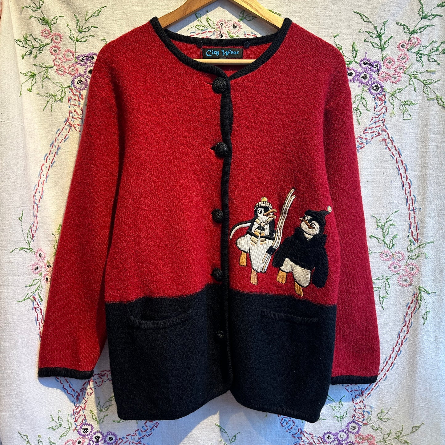 Red Wool Cardigan with Penguin Embroidery, M