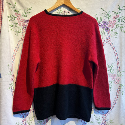 Red Wool Cardigan with Penguin Embroidery, M