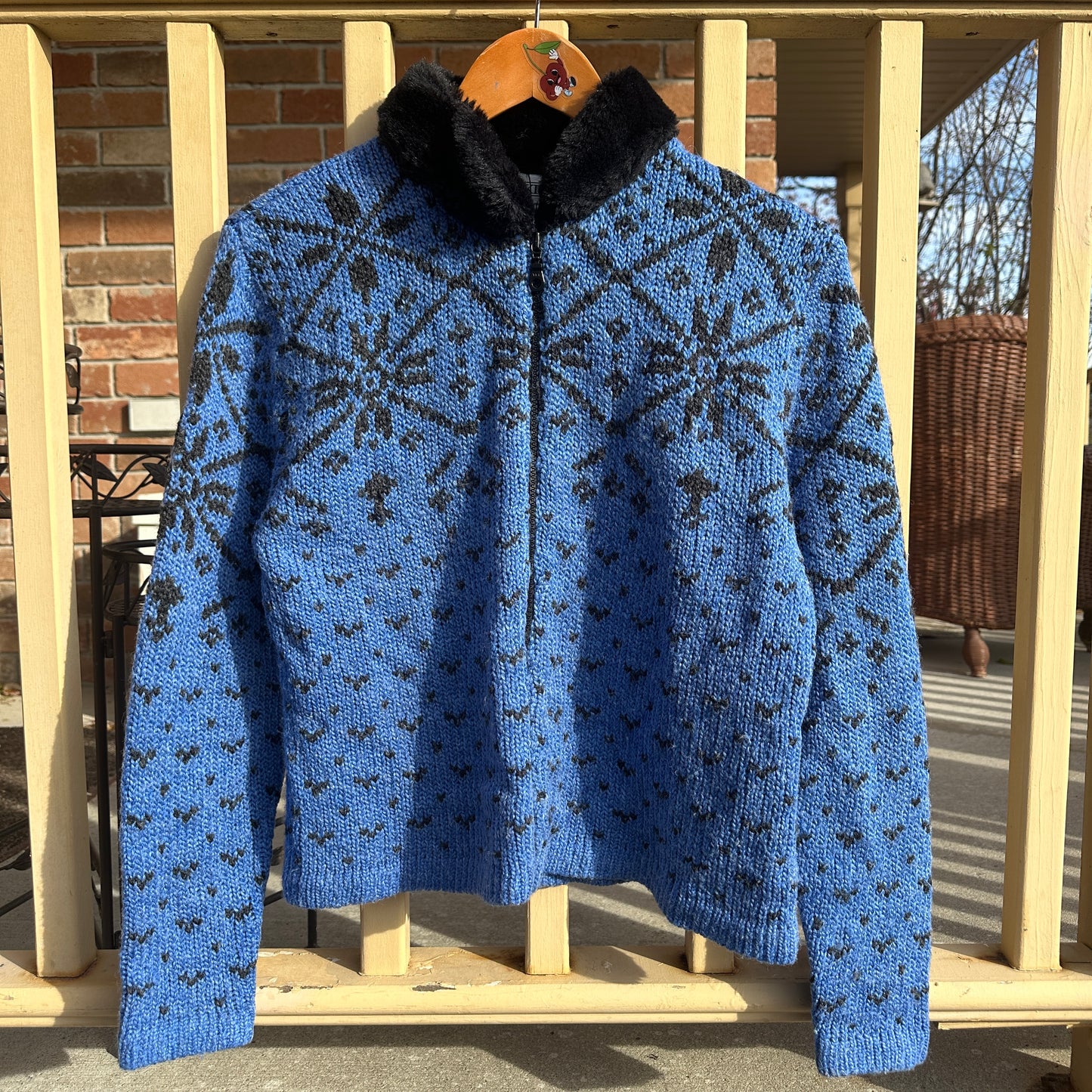 Blue Knit Zip-Up with Faux Fur Collar, L