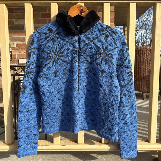 Blue Knit Zip-Up with Faux Fur Collar, L