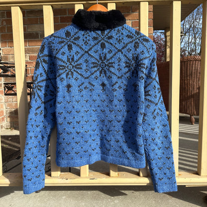 Blue Knit Zip-Up with Faux Fur Collar, L