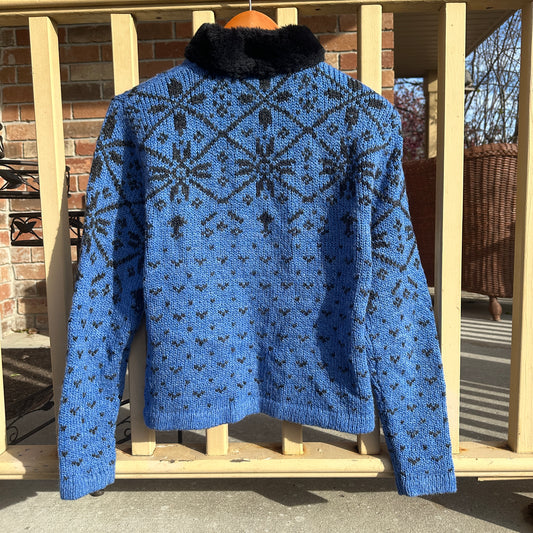 Blue Knit Zip-Up with Faux Fur Collar, L
