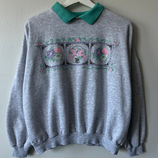 Grey Crew Neck with Turquoise Collar and Floral Graphic, S
