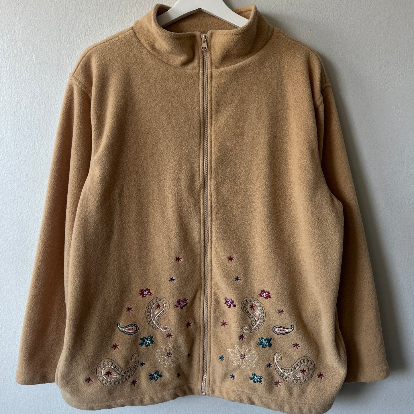 Tradition Beige Fleece Zip-Up Sweater with Paisley Embroidery, XL