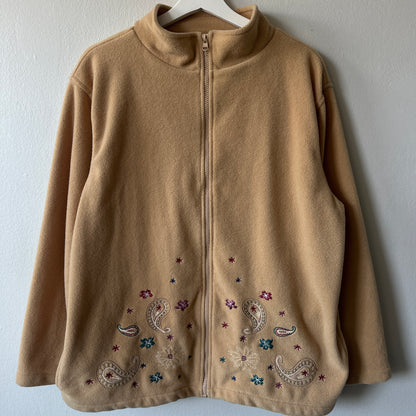Tradition Beige Fleece Zip-Up Sweater with Paisley Embroidery, XL