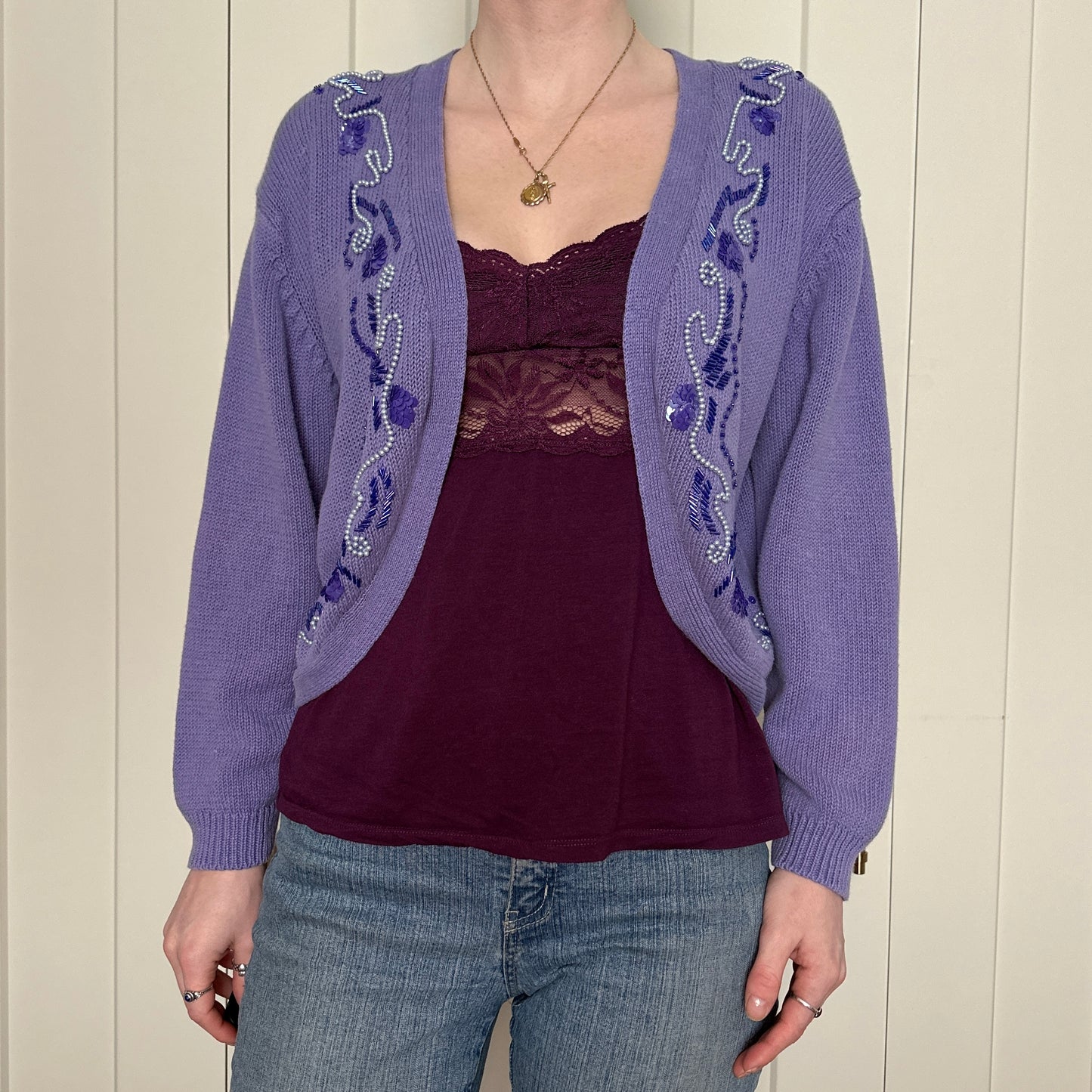 Purple Knit and Beaded Cardigan, S