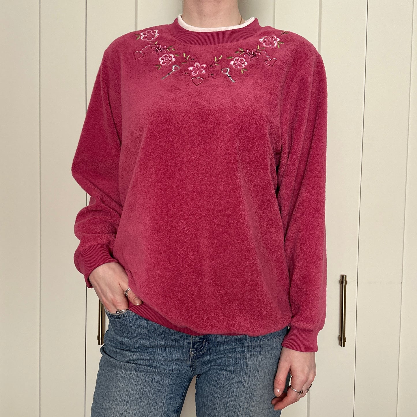 Pink Fleece Embroidered Sweater, L