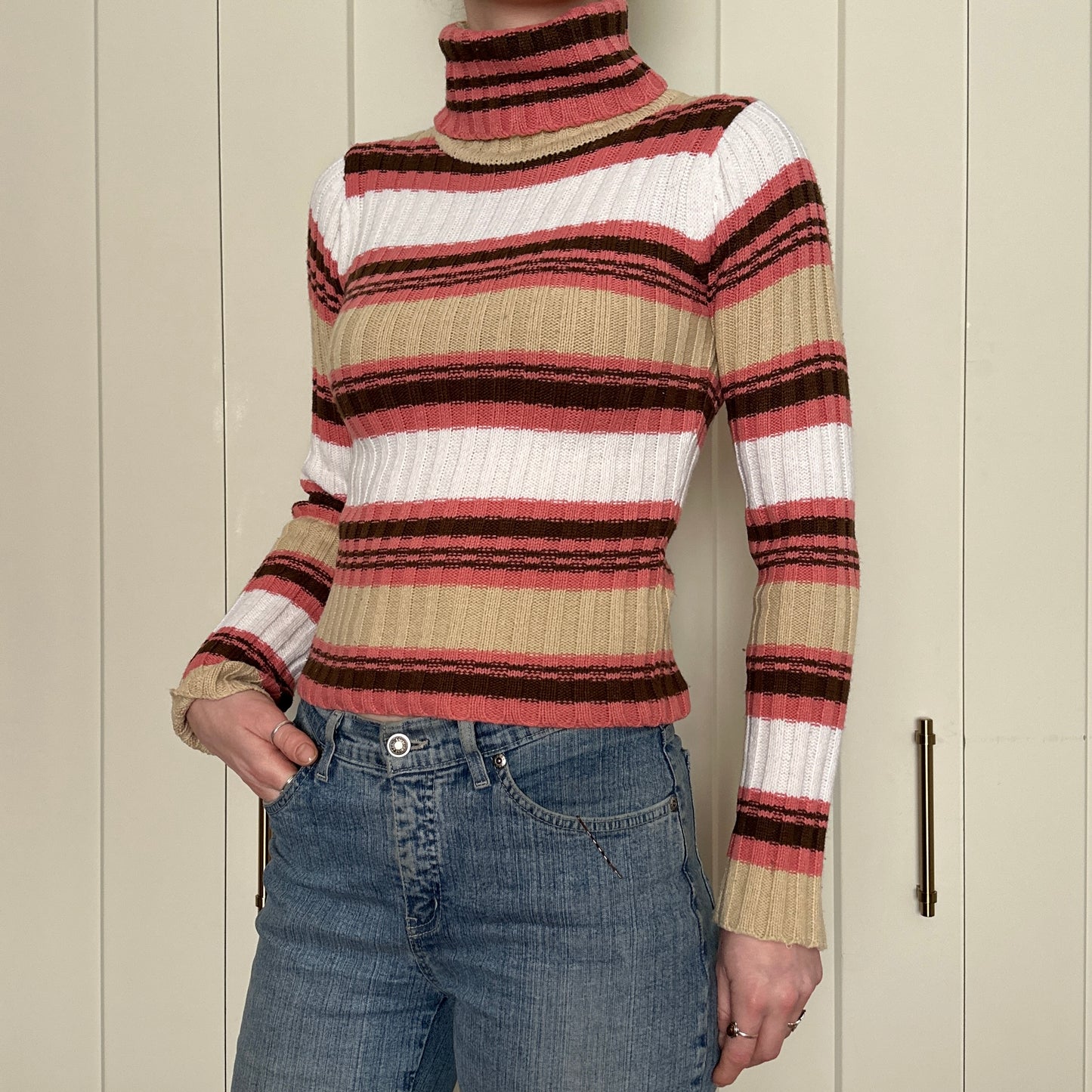 Pink and Beige Striped Ribbed Turtle Neck, S