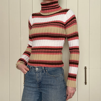 Pink and Beige Striped Ribbed Turtle Neck, S