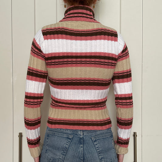 Pink and Beige Striped Ribbed Turtle Neck, S