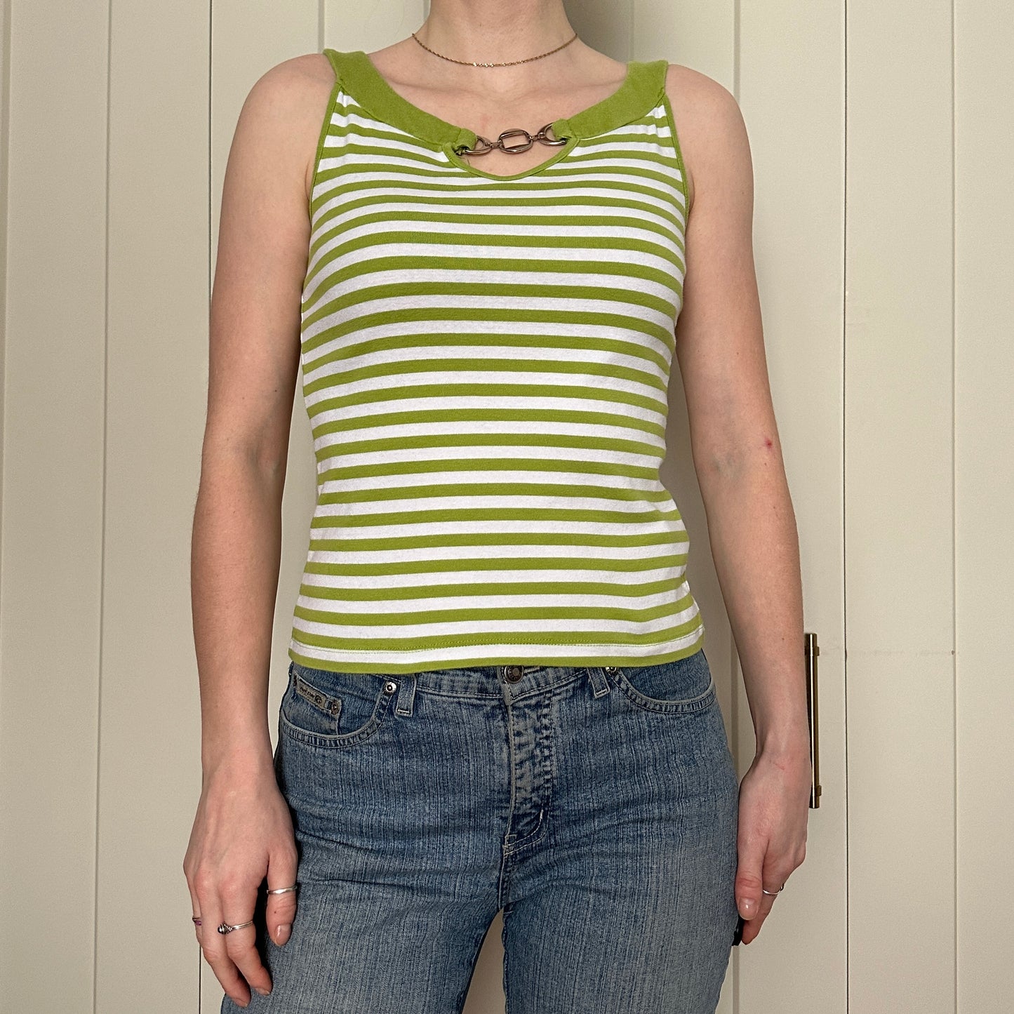 Green Stripe Boat Neck Top, S