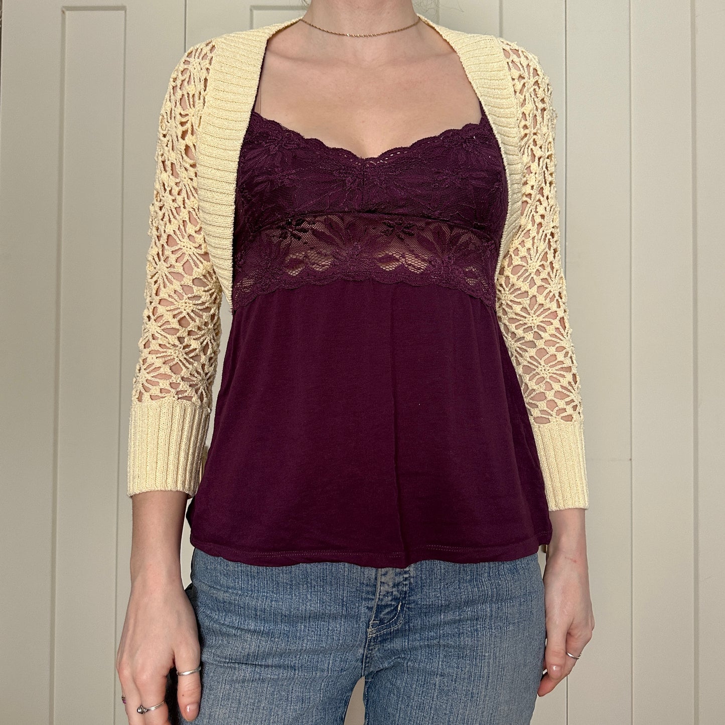 Mac & Jac Crochet Cropped Cream Cardigan, M