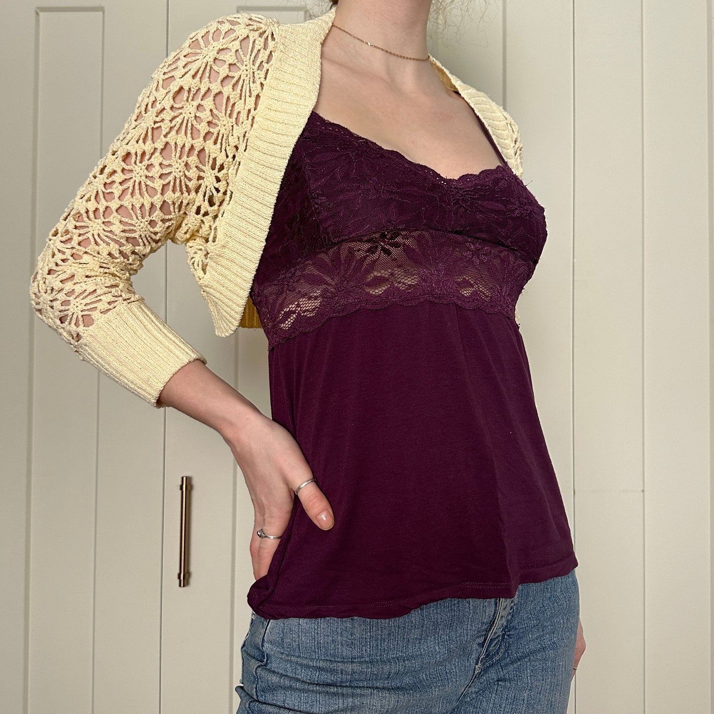 Mac & Jac Crochet Cropped Cream Cardigan, M