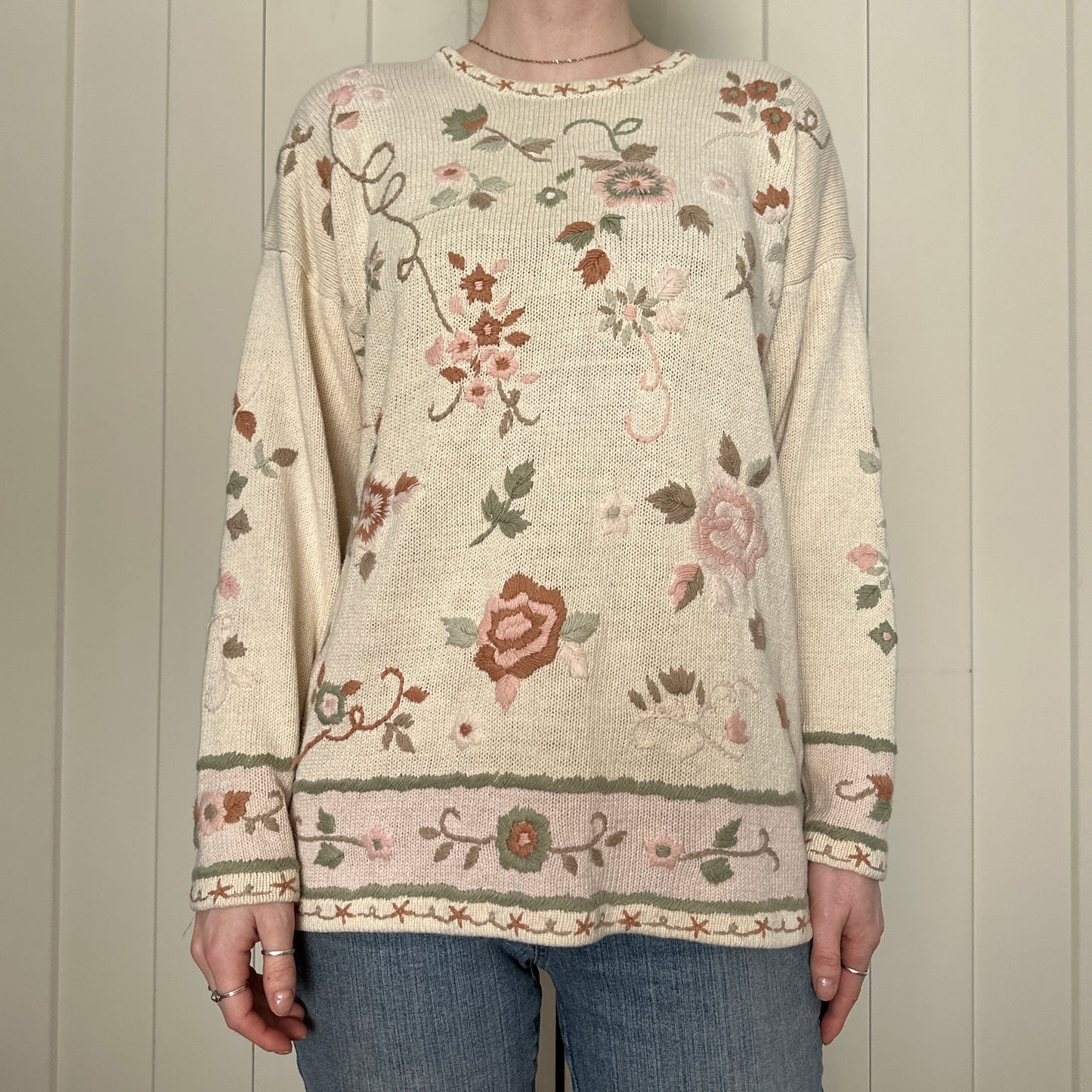 Bramble Lane Knit and Embroidered Floral Sweater, L