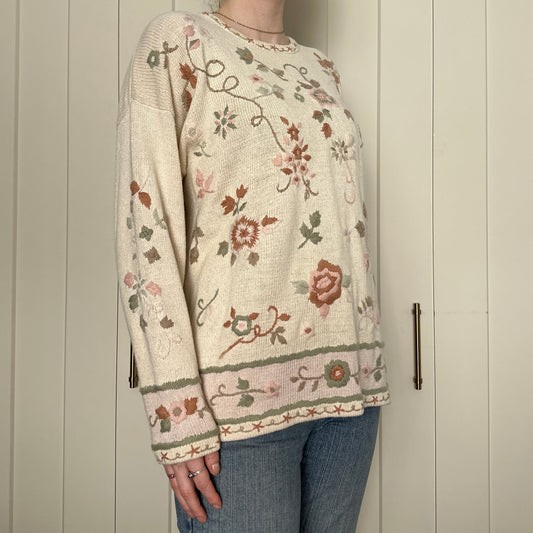 Bramble Lane Knit and Embroidered Floral Sweater, L
