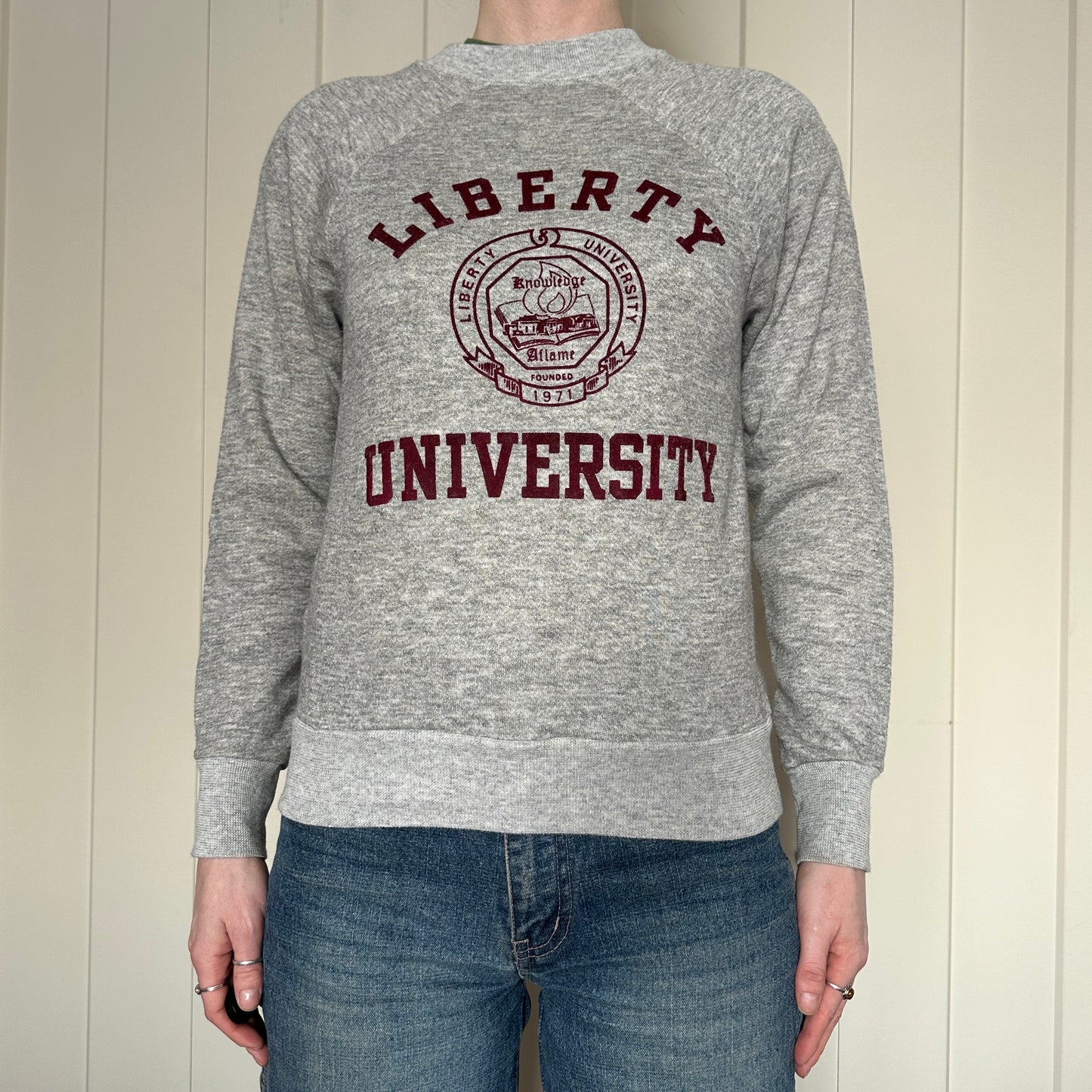 Liberty University Velva Sheen Grey Crewneck, '70s, S