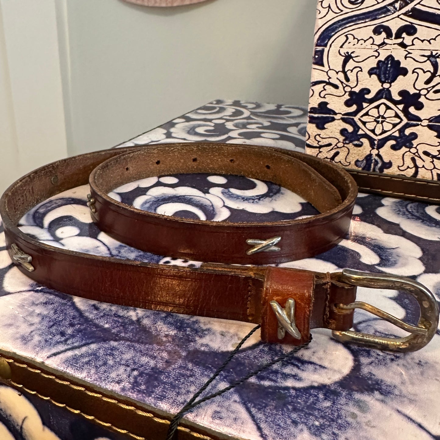 Leather Belt with Metal Studs, 28-32"