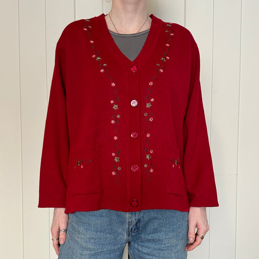 Dino Red Floral Embroidered Cardigan, XL