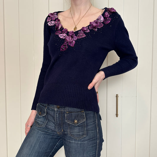 Navy Blue Sweater with Beading and Velvet Flowers, S