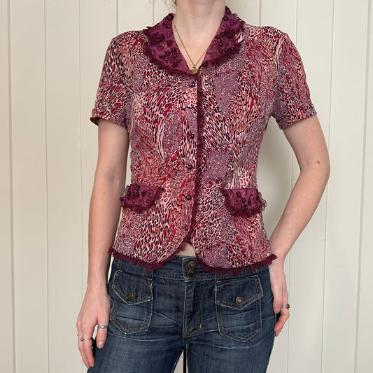 Pink Animal Print Beaded and Lace Button Up, S