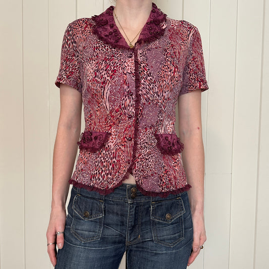 Pink Animal Print Beaded and Lace Button Up, S