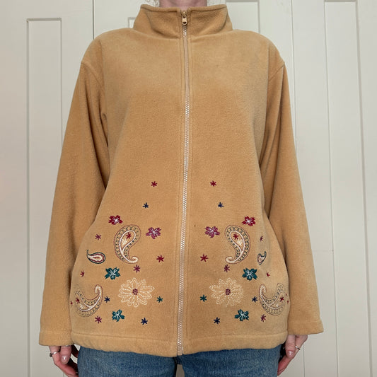 Tradition Beige Fleece Zip-Up Sweater with Paisley Embroidery, XL