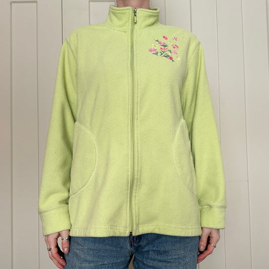 Green Fleece Zip Up with Flower Embroidery, XL
