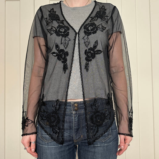 Sheer Black Beaded Cardigan, S