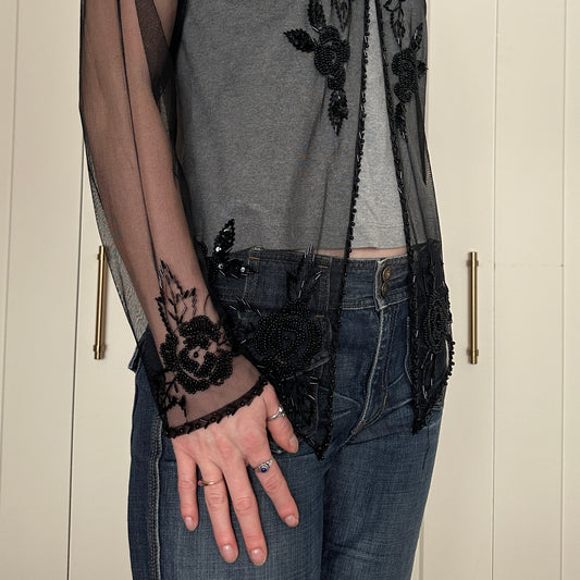 Sheer Black Beaded Cardigan, S