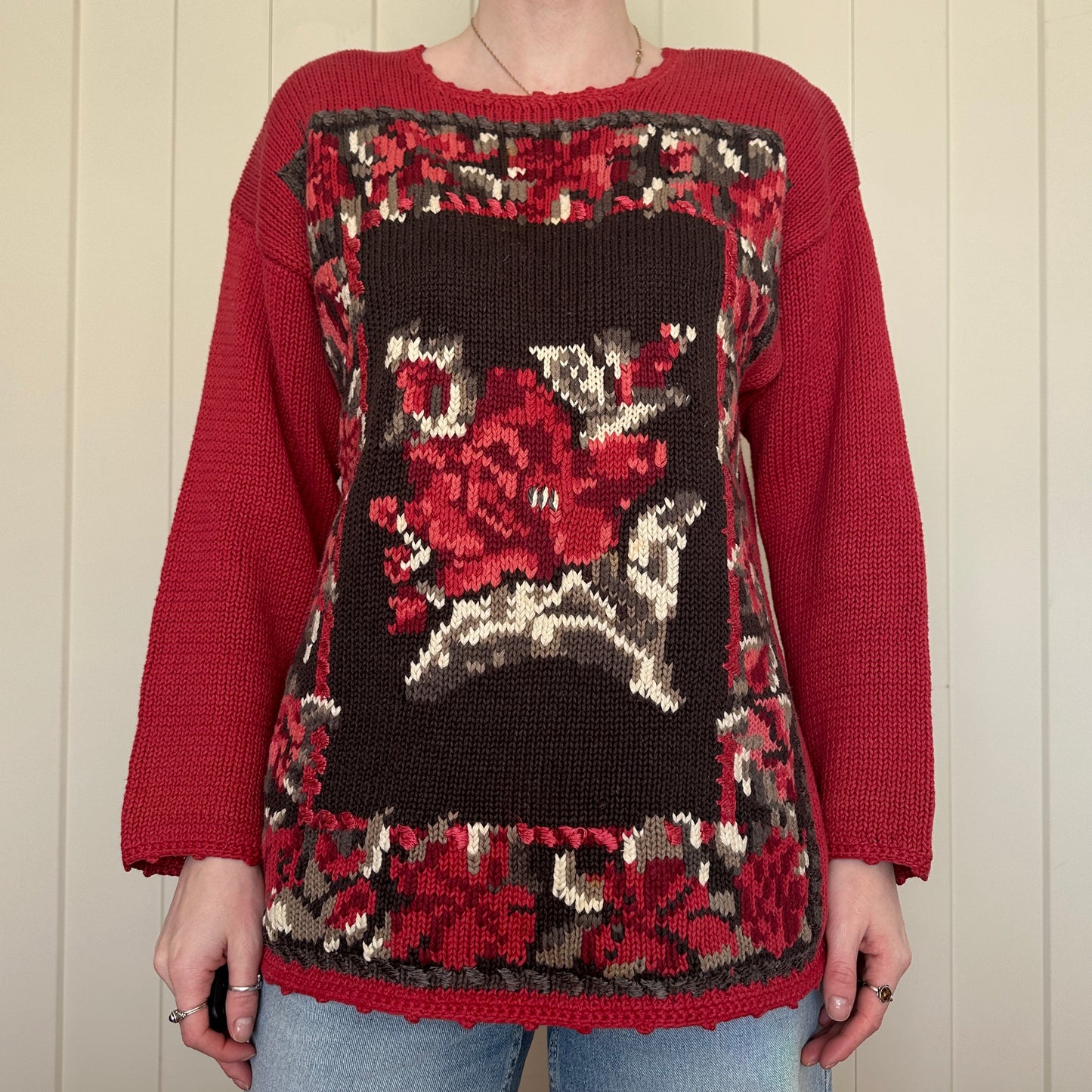 SK & Company Red Knit Rose Sweater, M
