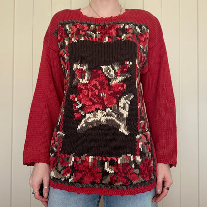 SK & Company Red Knit Rose Sweater, M