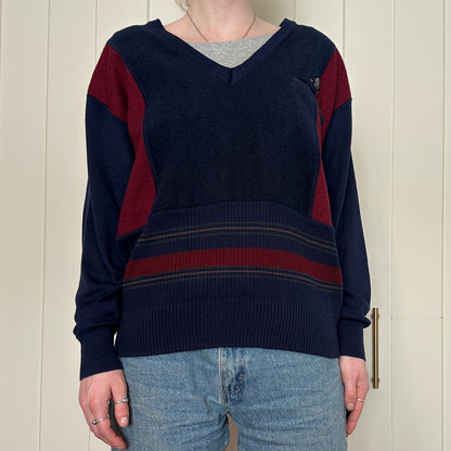 Navy Blue and Burgundy Wool Sweater, L