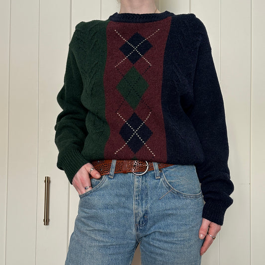 Crocodile Wool Argyle Sweater, L