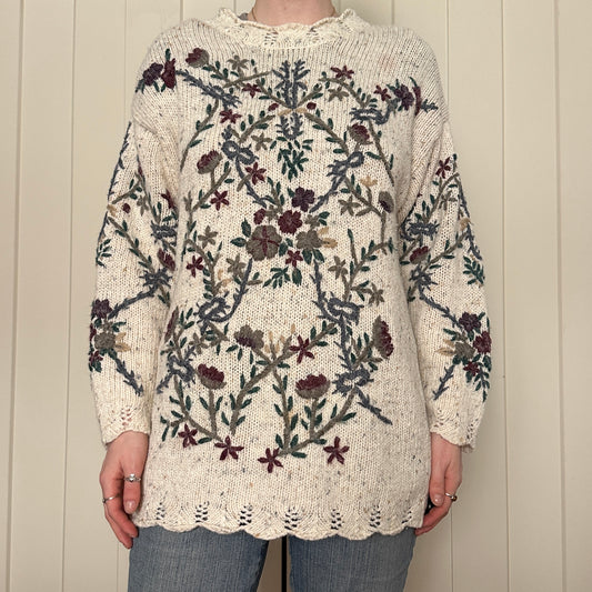 Weekend Edition Cream Knit Floral Sweater, M