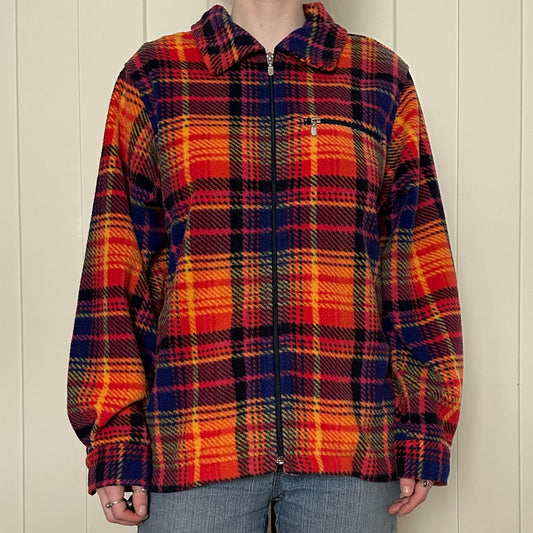 Plaid Fleece Zip-Up Sweater, M