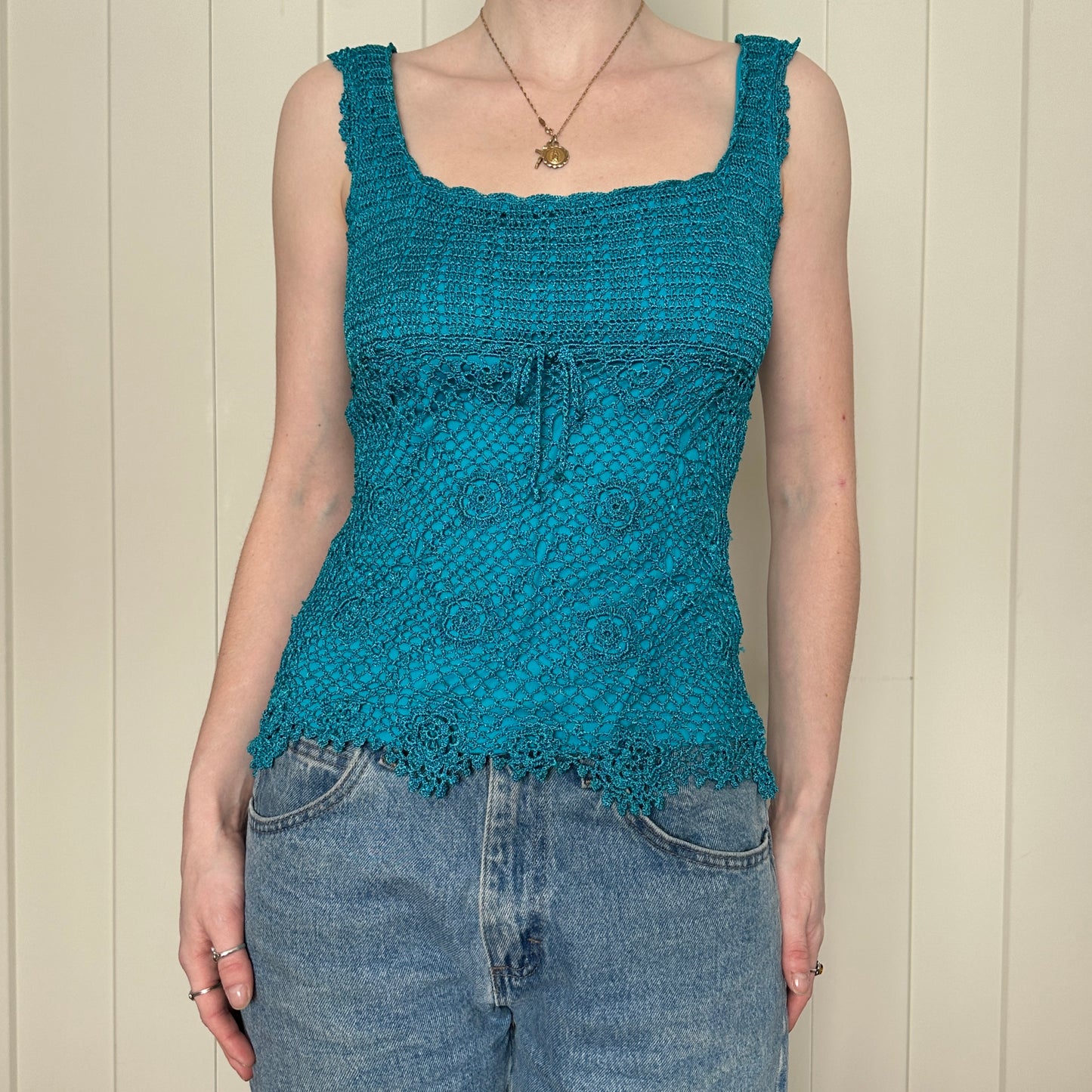 Digit@l Blue Crochet Short Sleeve Top, S