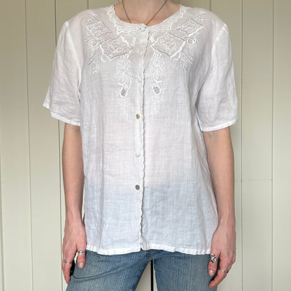 White Linen Embroidered Button Up, M