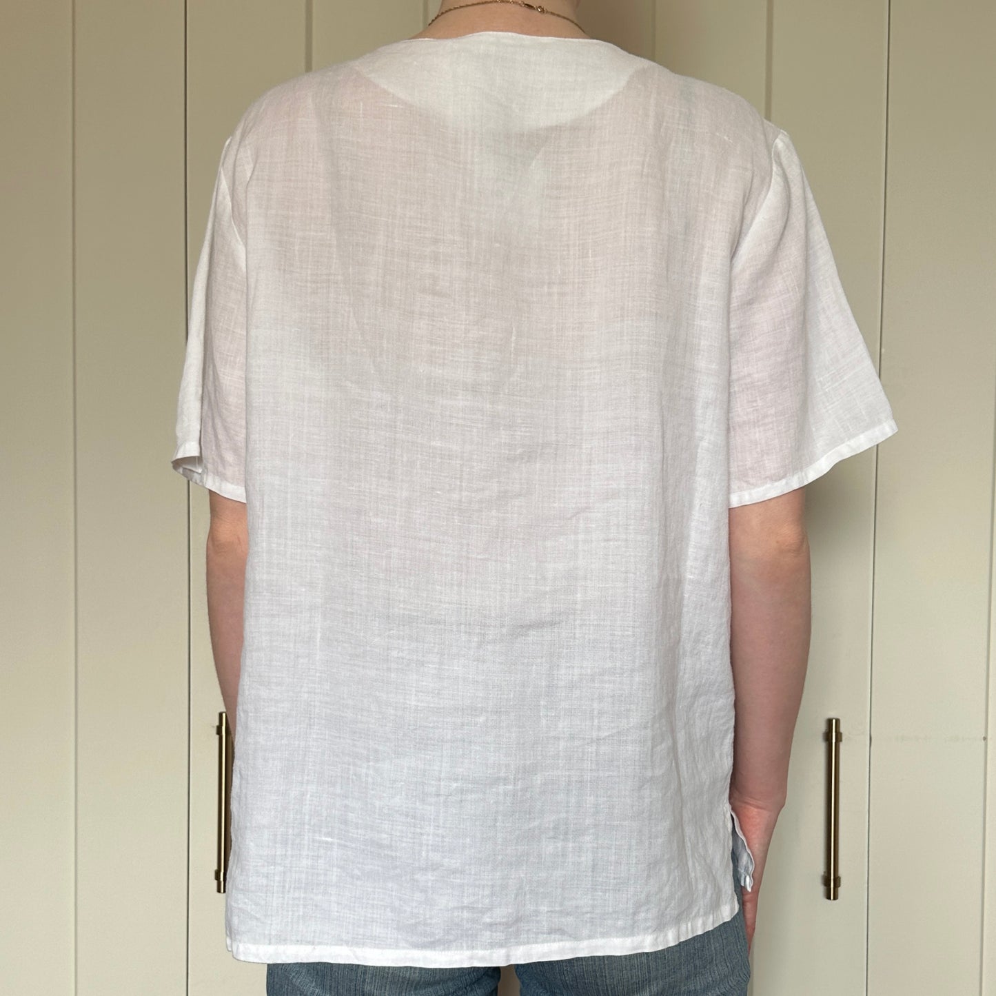 White Linen Embroidered Button Up, M