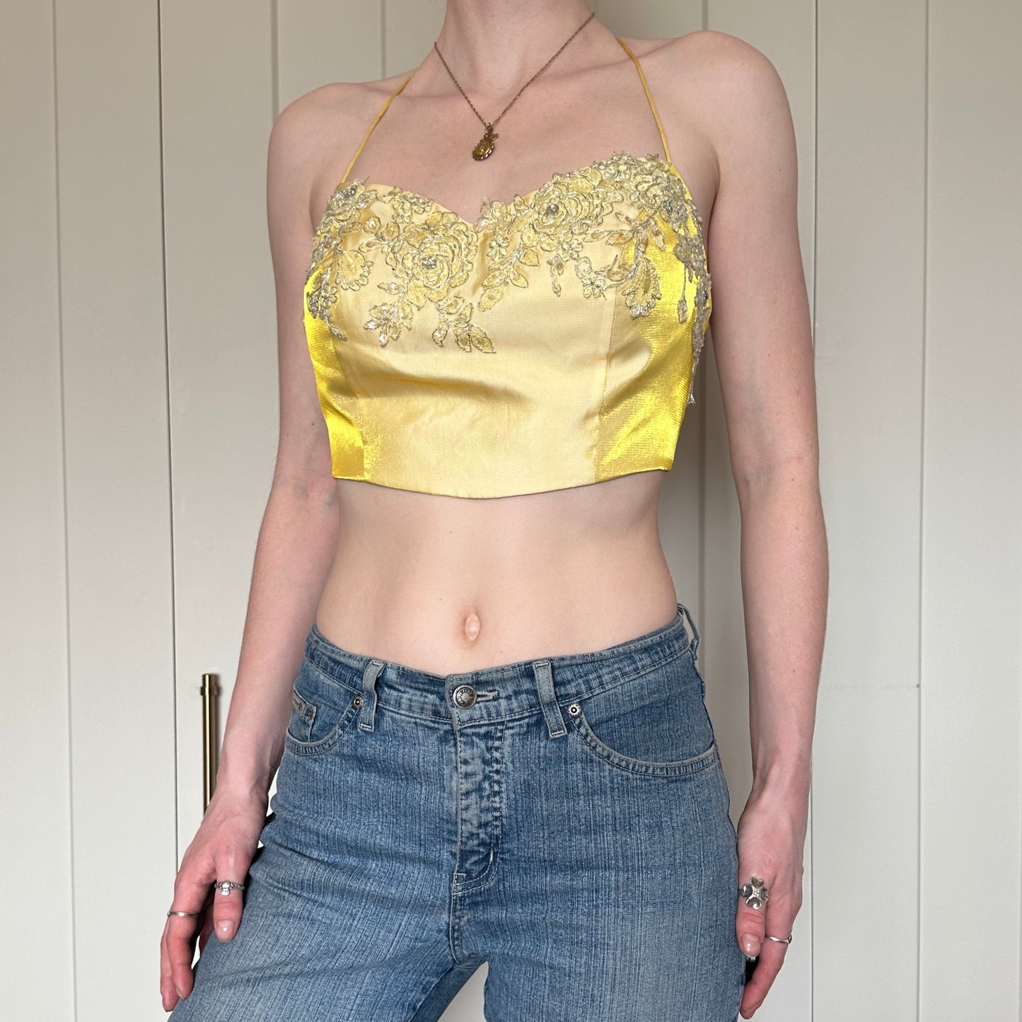 Le Gala Yellow Beaded Halter, M
