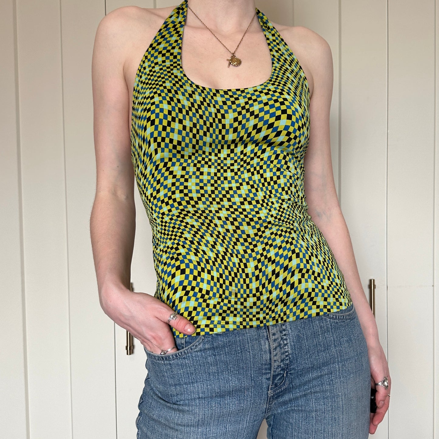 Long Paige NY Checkered Halter Top, S