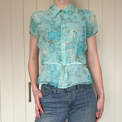 Worthington Teal Silk Short Sleeve Blouse, M