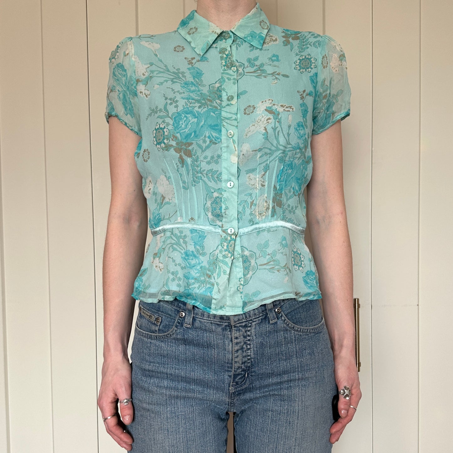 Worthington Teal Silk Short Sleeve Blouse, M