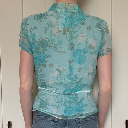 Worthington Teal Silk Short Sleeve Blouse, M