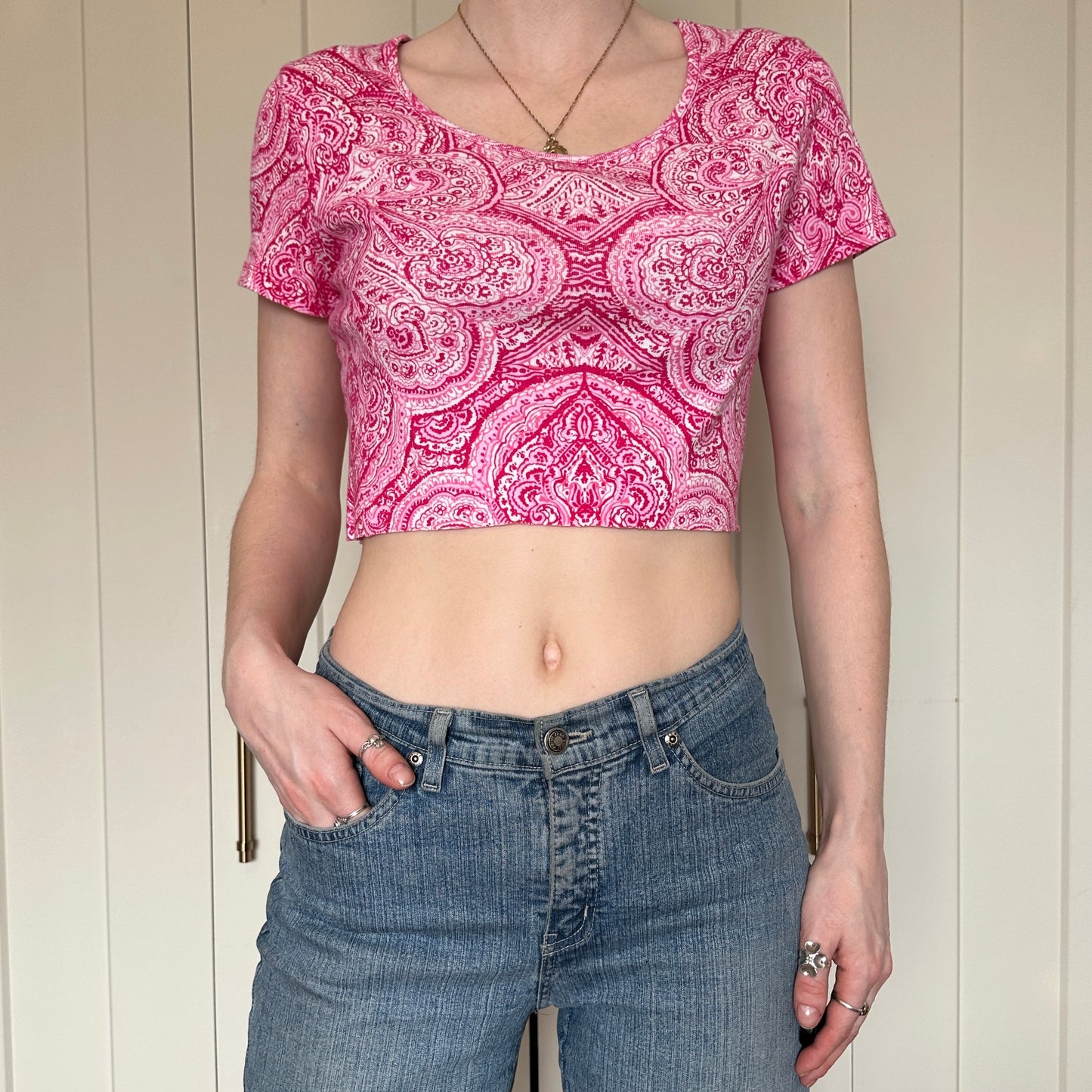 Pink Cropped Paisley T-Shirt, M