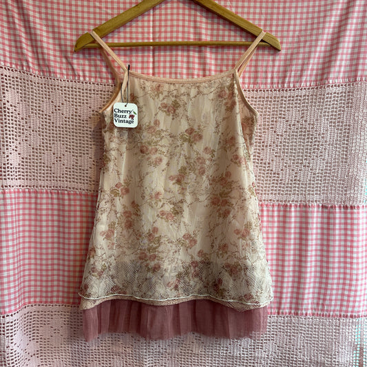 Pink Floral Lace Spaghetti Top, XS