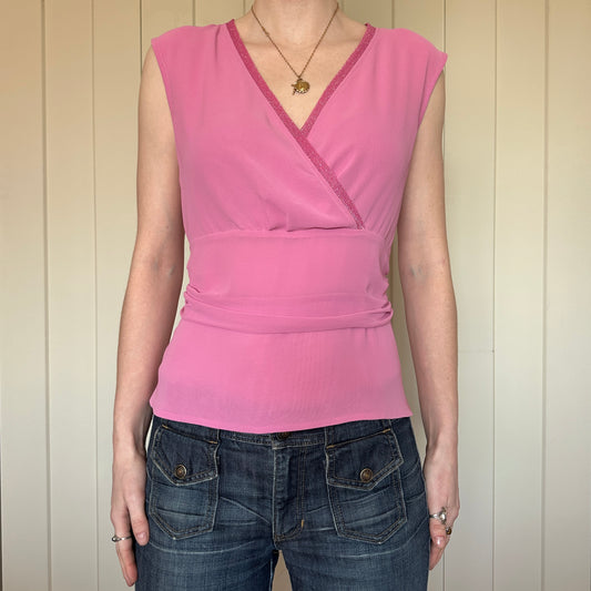 Pink Deep V Short Sleeve Top, M