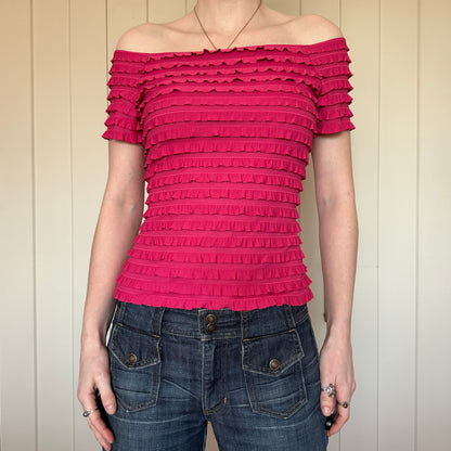 Frank Lyman Pink Ruffle Off the Shoulder Top, M